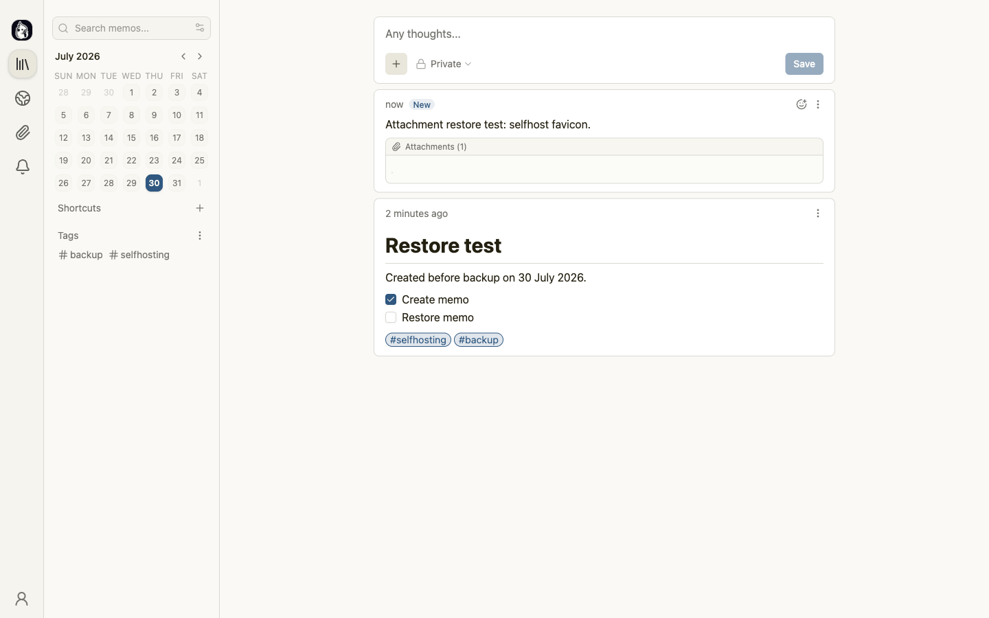 Memos before the backup, showing the two test notes and uploaded attachment