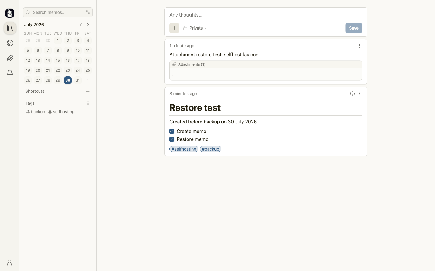 The fresh Memos instance after restoration, showing both notes and the uploaded attachment